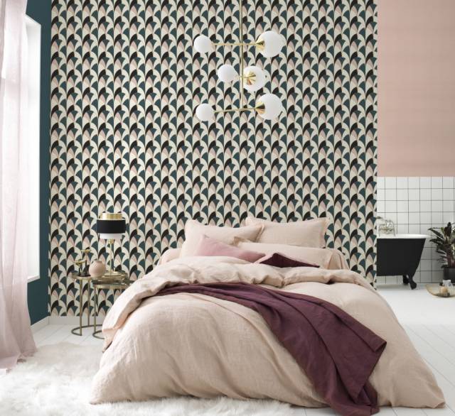 Fehér-kék-rózsaszín-fekete art deco mintás tapéta 638011 - RASCH - Kép