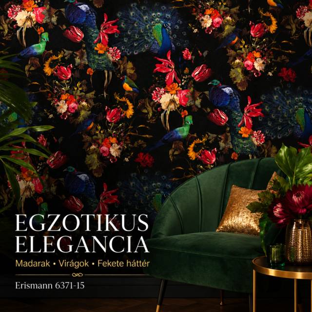 Erismann 6371-15 egzotikus páva és virág mintás tapéta fekete alapon - Kép