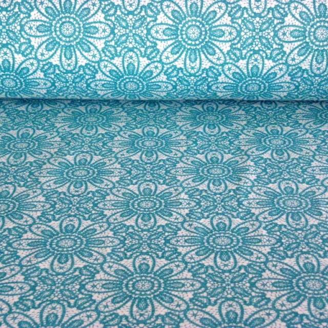 HALASI, csipkemintás lakástextil, dekorvászon, akvamarin. 140 cm és 280 cm széles - HomeTextiles - Kép