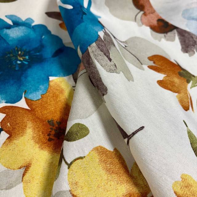 Avarell virág mintás dekorvászon, kék-sárga - HomeTextiles - Kép