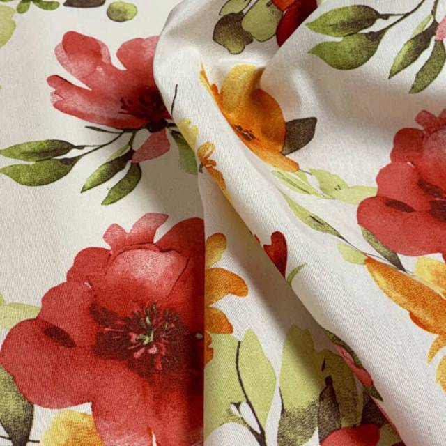 Avarell virág mintás dekorvászon, piros-sárga - HomeTextiles - Kép