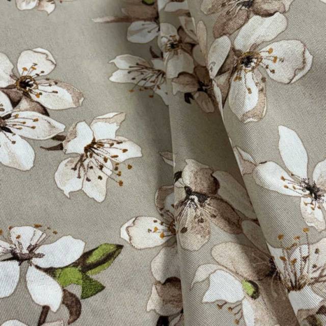 Fehér cseresznyevirág mintás dekorvászon, bézs alapon - HomeTextiles - Kép
