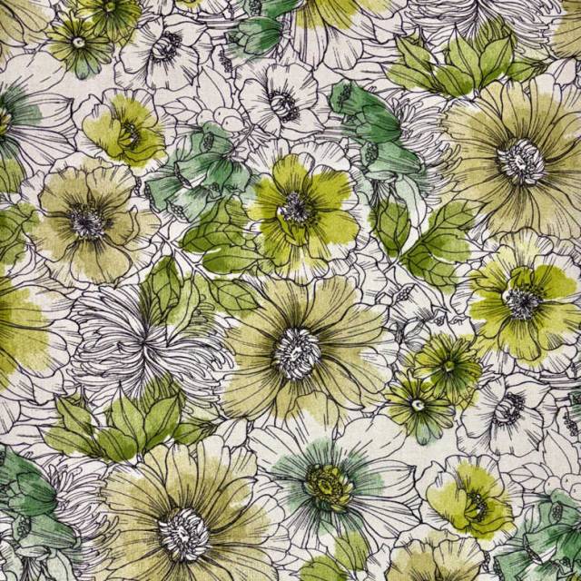 FLOW, rajzolt virágmintás dekorvászon, zöld - HomeTextiles - Kép