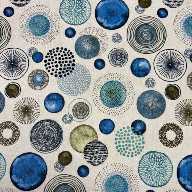 CIRCLE, rajzolt, festett kör mintás, vidám dekorvászon, kék - HomeTextiles - Kép