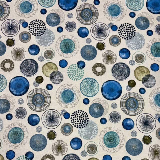 CIRCLE, rajzolt, festett kör mintás, vidám dekorvászon, kék - HomeTextiles - Kép