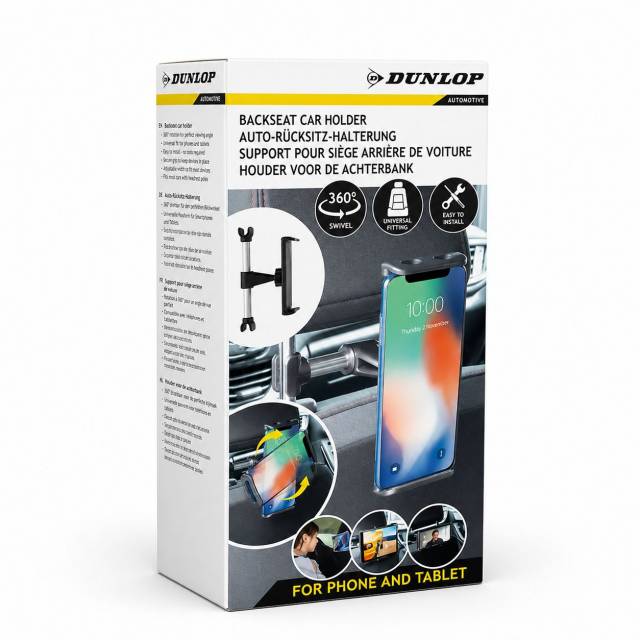 Telefon és Tablet tartó fejtámlára, állítható 12-21cm-ig, Dunlop - Kép