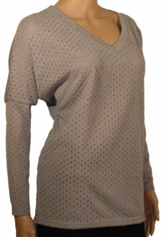 Szürke színű, ezüst szállal átszőtt kissé denevérfazonú felső, V nyakmegoldással - (L) (XL) - Mandal - Kép