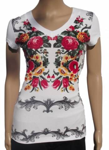 Fehér rövid ujjú póló, V nyakkal, elején virágmintával - (XL) - Mandala - Kép