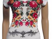 Fehér rövid ujjú póló, V nyakkal, elején virágmintával - (XL) - Mandala