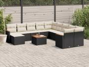 vidaXL 12 részes fekete polyrattan kerti ülőgarnitúra párnákkal