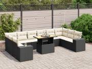 vidaXL 11 részes fekete polyrattan kerti ülőgarnitúra párnákkal