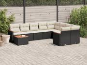 vidaXL 10 részes fekete polyrattan kerti ülőgarnitúra párnákkal