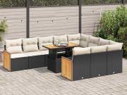 vidaXL 11 részes fekete polyrattan akácfa kerti ülőgarnitúra párnákkal