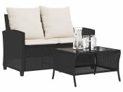 vidaXL 2 személyes fekete polyrattan kerti kanapé asztallal&párnával