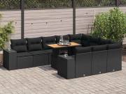 vidaXL 10 részes fekete polyrattan akácfa kerti ülőgarnitúra párnákkal