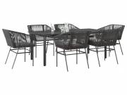 vidaXL 7 részes fekete polyrattan üveg kerti étkezőgarnitúra párnákkal