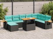 vidaXL 10 részes fekete polyrattan akácfa kerti ülőgarnitúra párnákkal