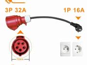 3 fázisból 1 fázisba konvertáló kábel, elektromos autó töltéséhez - 1 fázis 1x16A (3,7Kw) fali aljza