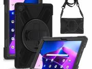 Defender műanyag telefonvédő (ütésállóság, kitámasztó, 360° + kézpánt, vállpánt) FEKETE Lenovo Tab M