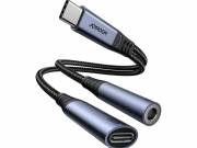 JOYROOM adapter kábel 2in1 (Type-C+3.5mm jack aljzat - Type-C, PD gyorstöltő, cipőfűző, DAC) FEKETE