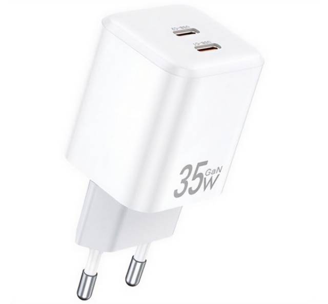 AWEI PD65-EU hálózati töltő 2 Type-C aljzat (35W, GaN, PD gyorstöltő) FEHÉR - Kép