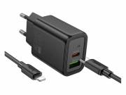 HOCO N63 hálózati töltő USB+Type-C aljzat (30W, PD gyorstöltő 3.0 + lightning kábel) FEKETE
