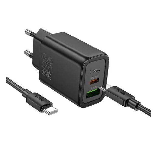 HOCO N63 hálózati töltő USB+Type-C aljzat (30W, PD gyorstöltő 3.0 + Type-C kábel) FEKETE - Kép