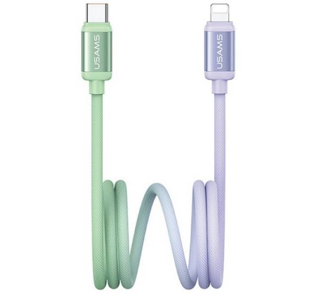 USAMS BICOLOR adatkábel (Type-C - lightning, 30W, PD gyorstöltő, 120cm) ZÖLD/LILA - Kép