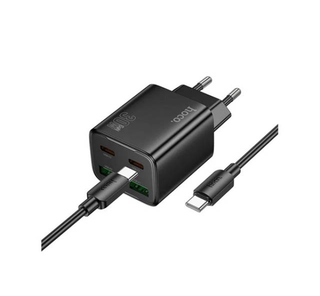 HOCO N56 hálózati töltő 2 USB+2 Type-C aljzat (30W, GaN, PD gyorstöltő 3.0 + Type-C kábel) FEKETE - Kép