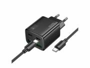 HOCO N56 hálózati töltő 2 USB+2 Type-C aljzat (30W, GaN, PD gyorstöltő 3.0 + Type-C kábel) FEKETE