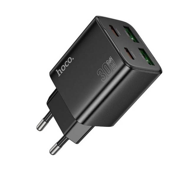 HOCO N56 hálózati töltő 2 USB+2 Type-C aljzat (30W, GaN, PD gyorstöltő 3.0) FEKETE - Kép