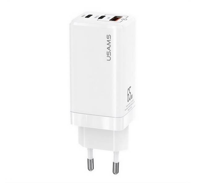 USAMS MT hálózati töltő 2 Type-C+USB aljzat (65W, GaN, PD gyorstöltő 3.0) FEHÉR - Kép