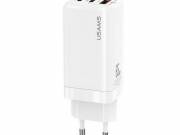 USAMS MT hálózati töltő 2 Type-C+USB aljzat (65W, GaN, PD gyorstöltő 3.0) FEHÉR