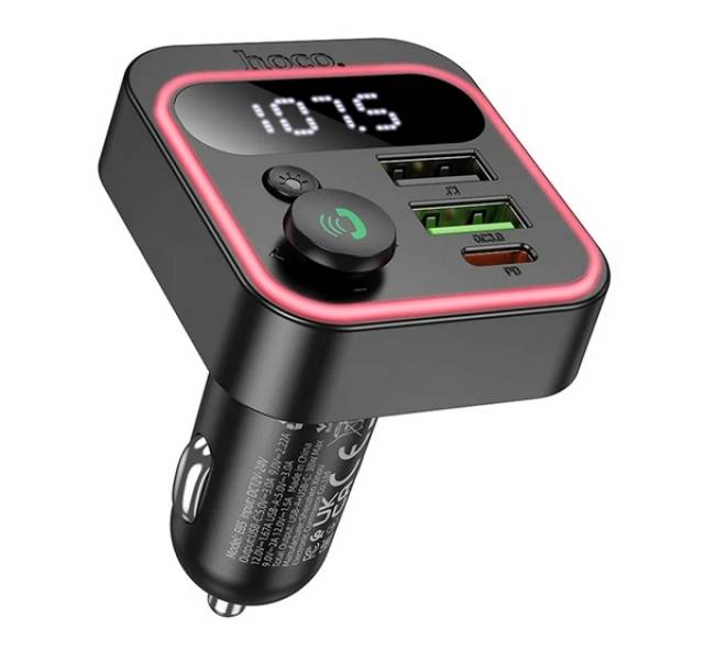 HOCO E85 bluetooth FM transmitter 2 USB+Type-C aljzat (v5.4, 20W, gyorstöltő, LED kijelző) FEKETE - Kép