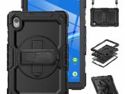 Defender műanyag telefonvédő (ütésállóság, kitámasztó, 360° + kézpánt, vállpánt) FEKETE Lenovo Tab M