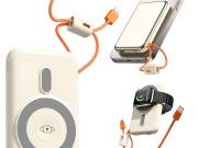 Powerbank vezeték nélküli töltéssel, USB-C és Lightning kábellel, 10000 mAh, krém