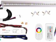 150cm-es 30 Wattos, 24 Voltos RGBWW LED, átlátszó, sarok alumínium profilban, fix tápegységgel, 1-zó