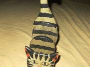 régi Vintage tömör fa csíkos cica 3 nyílásos levéltartó szalvétatartó  8,5 x 14,5x 10 x 29 cm