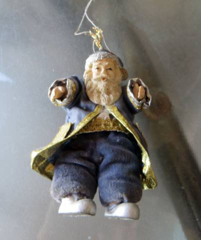 régi vintage Old World mikulás karácsonyfadísz kék ruhában 10 cm - Kép