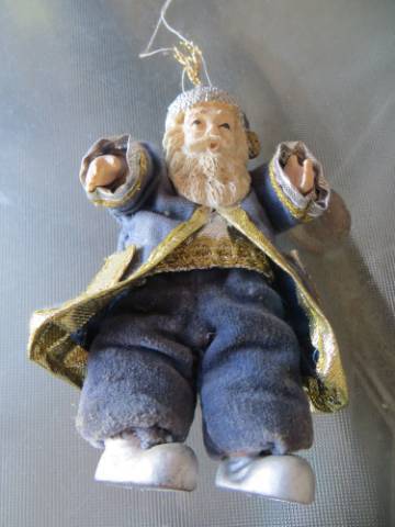 régi vintage Old World mikulás karácsonyfadísz kék ruhában 10 cm - Kép