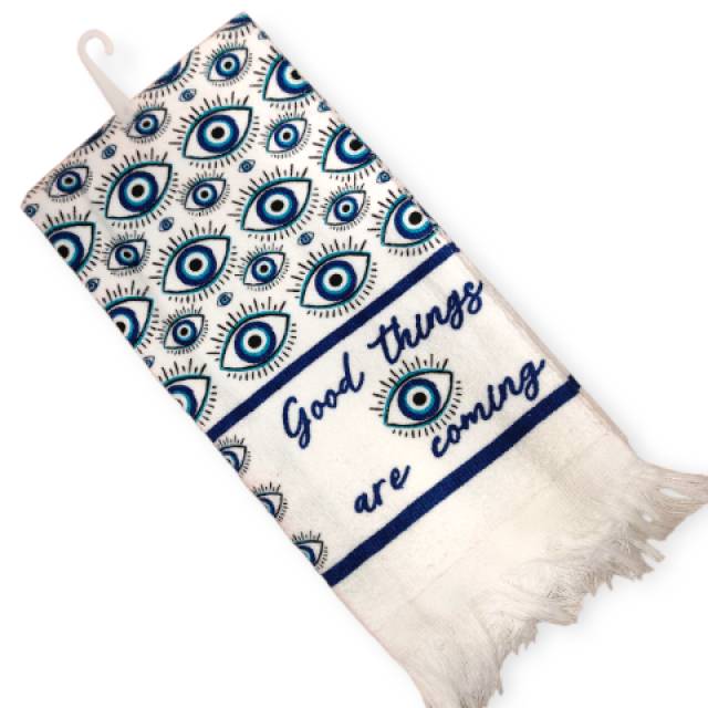 Fehér pamut konyharuha – Gonosz szem, felirattal – 60x35 cm - Kép