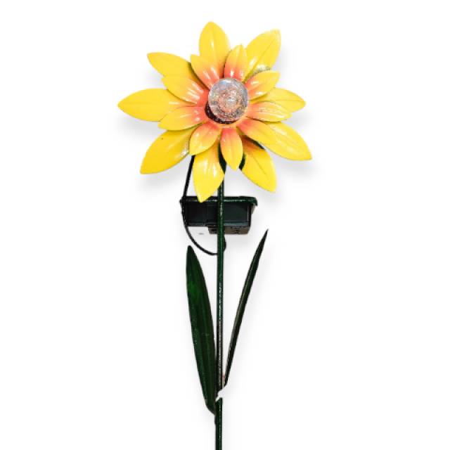 Napelemes kerti lámpa sárga virágmintás fém bottal – 46 cm - Kép