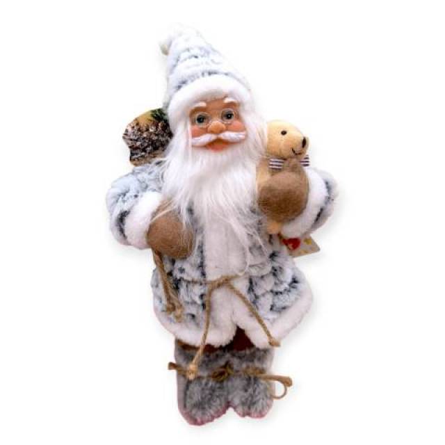 Mikulás dekoratív figura fehér-szürke ruhában mackóval 45 cm - Kép
