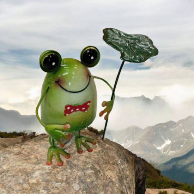 Aranyos békás fém kerti dekoráció esernyővel – mozgó figura 18x14x20 cm - Kép