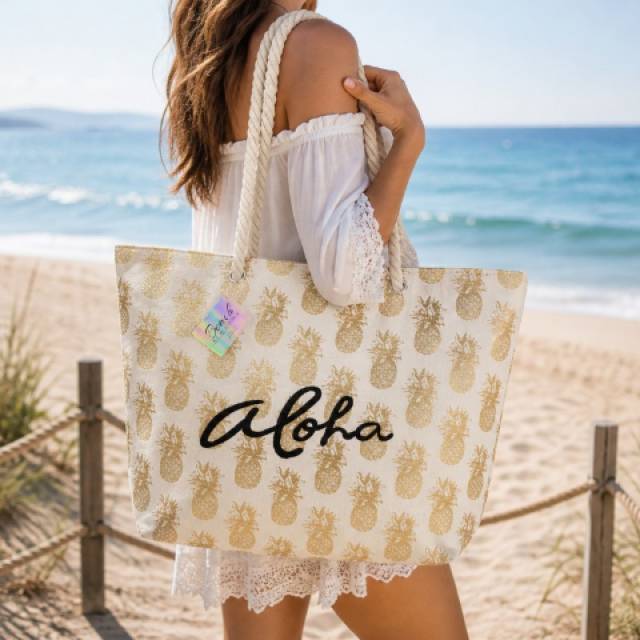 Aloha strandtáska arany ananásszal 55x15x42 cm - Kép