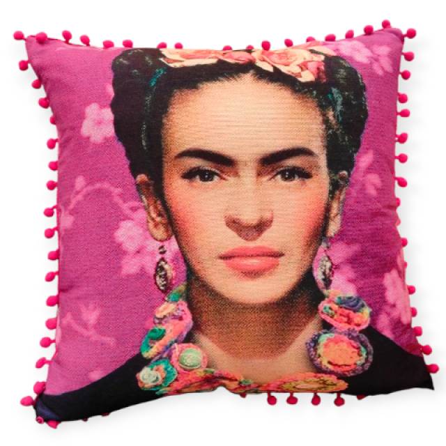 Dekoratív párna Frida Kahlo mintával, fukszia pomponnal, kanapéra – 45x45x10 cm - Kép